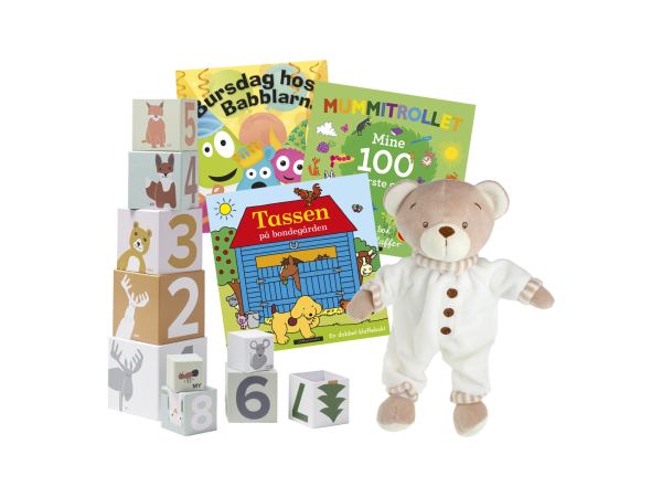 Babypakke med stableklosser, bamse og 3 babybøker