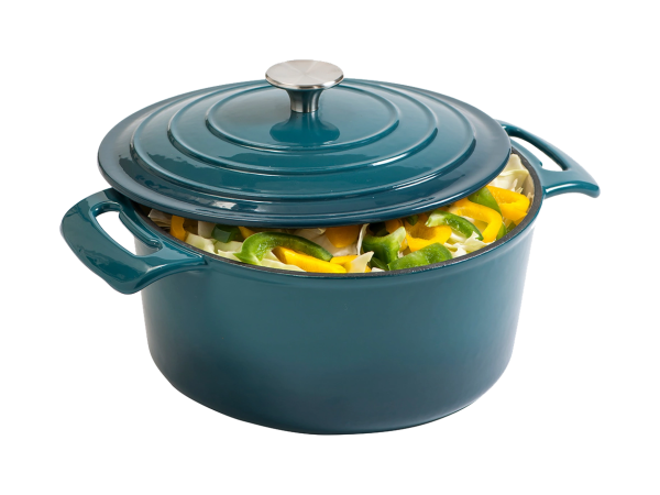 Blågrønn støpejernsgryte og 3 bøker