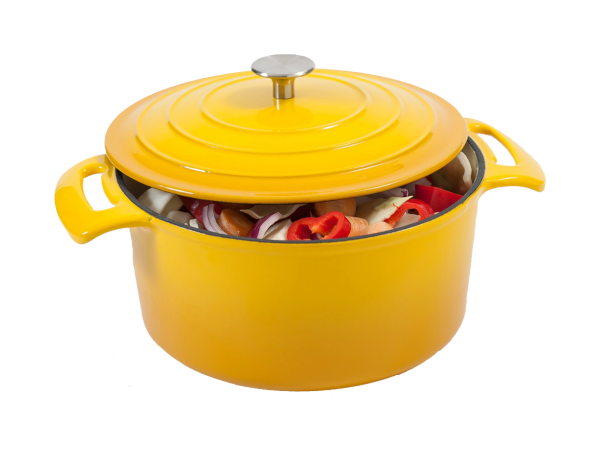 Gul støpejernsgryte og 2 bøker