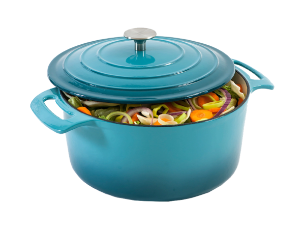 Turkis støpejernsgryte og 3 bøker