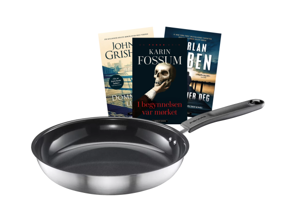 Fiskars stekepanne og 3 krimbøker