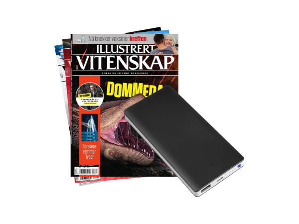 Powerbank og 2 utgaver av Illustrert Vitenskap